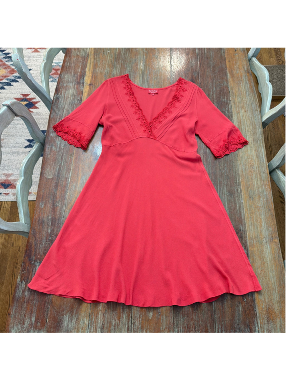 Ghost London Scarlett Red Embroidered V-Neck Empire Mini Tea Dress Sz 8 US READ